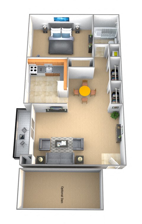Floor plan for 1 bed, 1 bath, 725 sqft